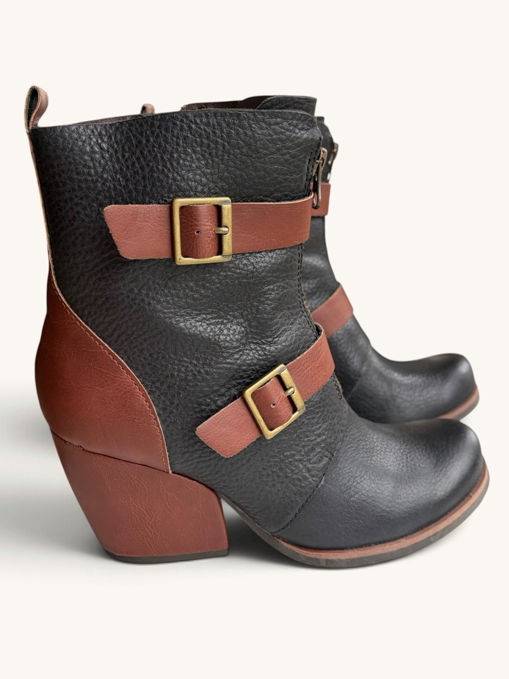 Kork-Ease Black and Brown Leather Buckle Ankle Boots